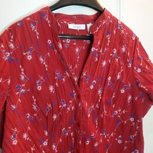 Dressbarn Women's Crinkle Button Blouse Floral Red Short Sleeves Size 22/24